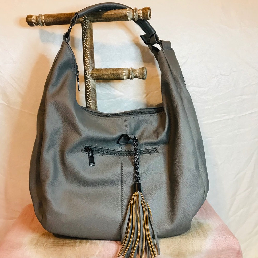 Gray Studded Kilamal Leather Shoulder Bag Purse - Picture 3 of 4
